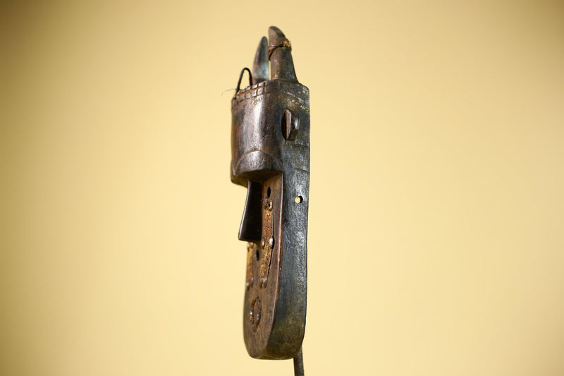 African Senufo Mask Carved Wood Horned Metal Studs Ivory Coast Tribal Art-G5839