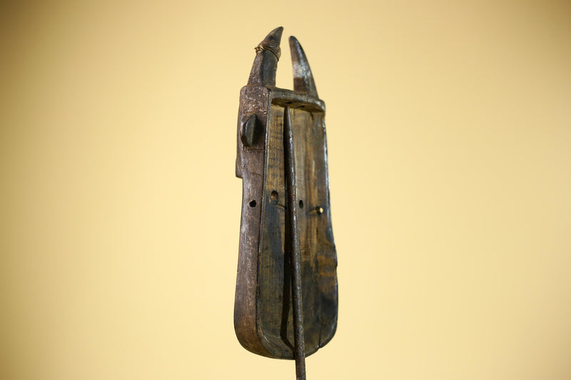 African Senufo Mask Carved Wood Horned Metal Studs Ivory Coast Tribal Art-G5839