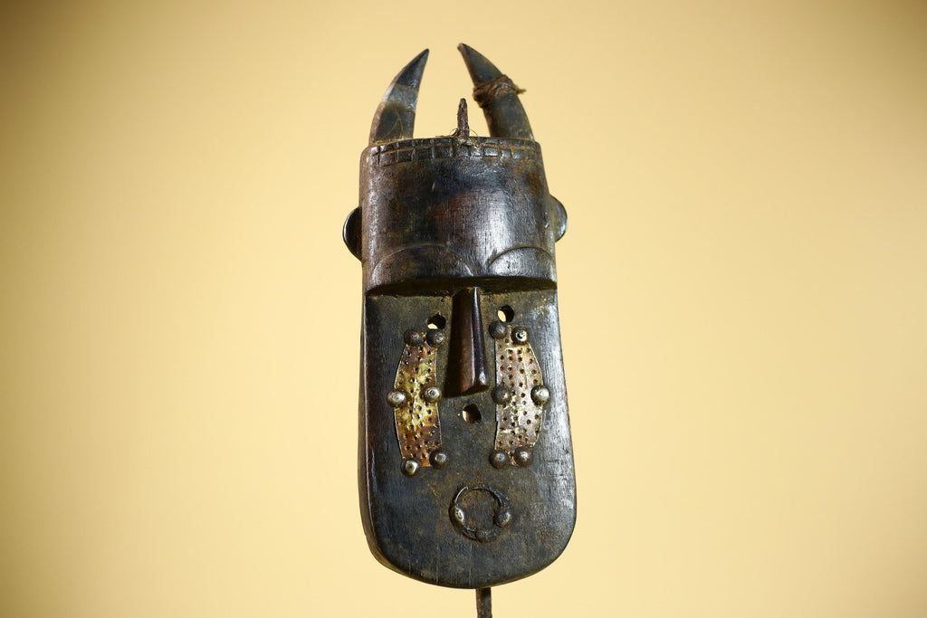 African Senufo Mask Carved Wood Horned Metal Studs Ivory Coast Tribal Art-G5839