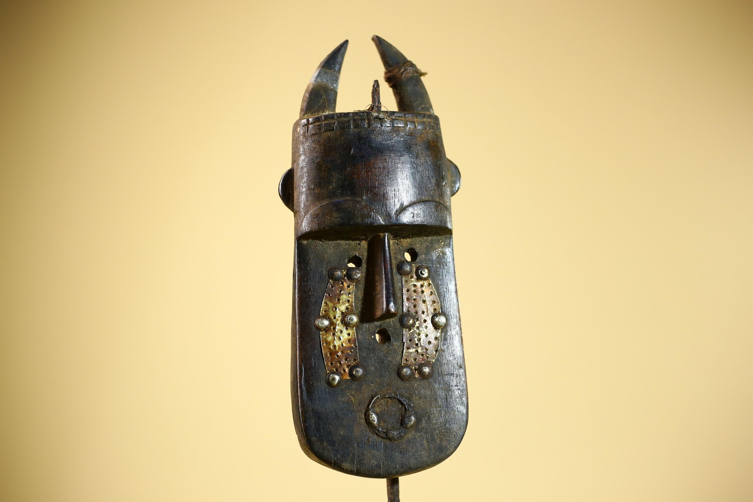 African Senufo Mask Carved Wood Horned Metal Studs Ivory Coast Tribal Art-G5839