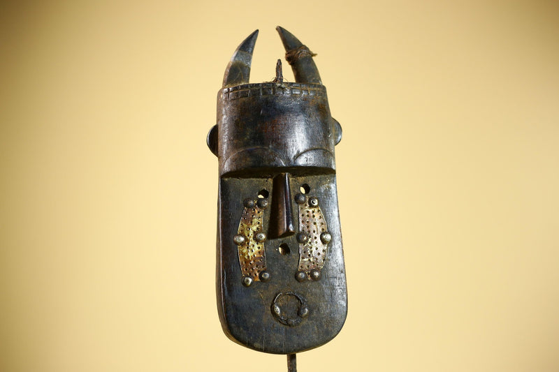 African Senufo Mask Carved Wood Horned Metal Studs Ivory Coast Tribal Art-G5839