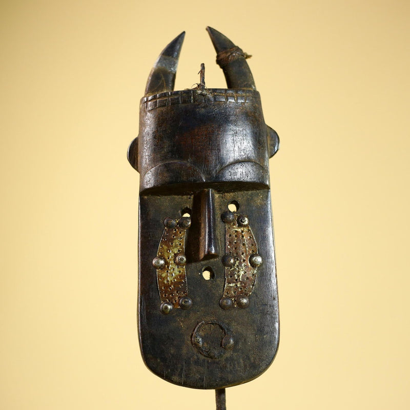African Senufo Mask Carved Wood Horned Metal Studs Ivory Coast Tribal Art-G5839