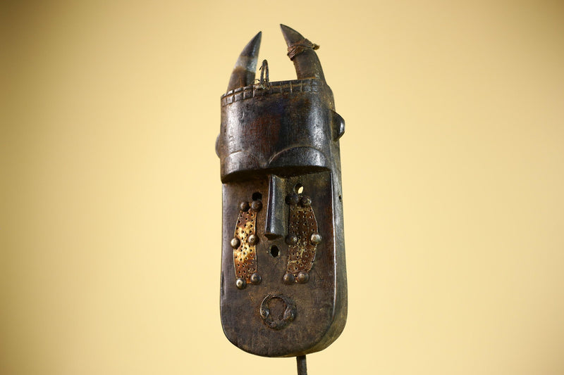 African Senufo Mask Carved Wood Horned Metal Studs Ivory Coast Tribal Art-G5839