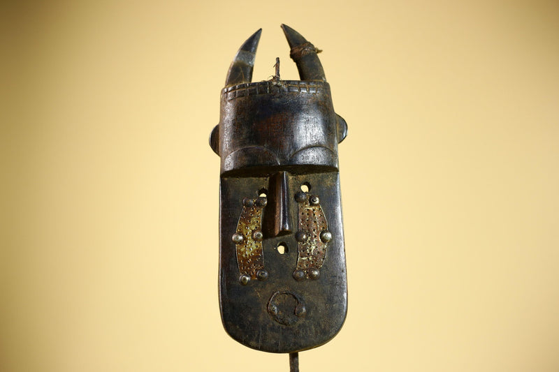 African Senufo Mask Carved Wood Horned Metal Studs Ivory Coast Tribal Art-G5839