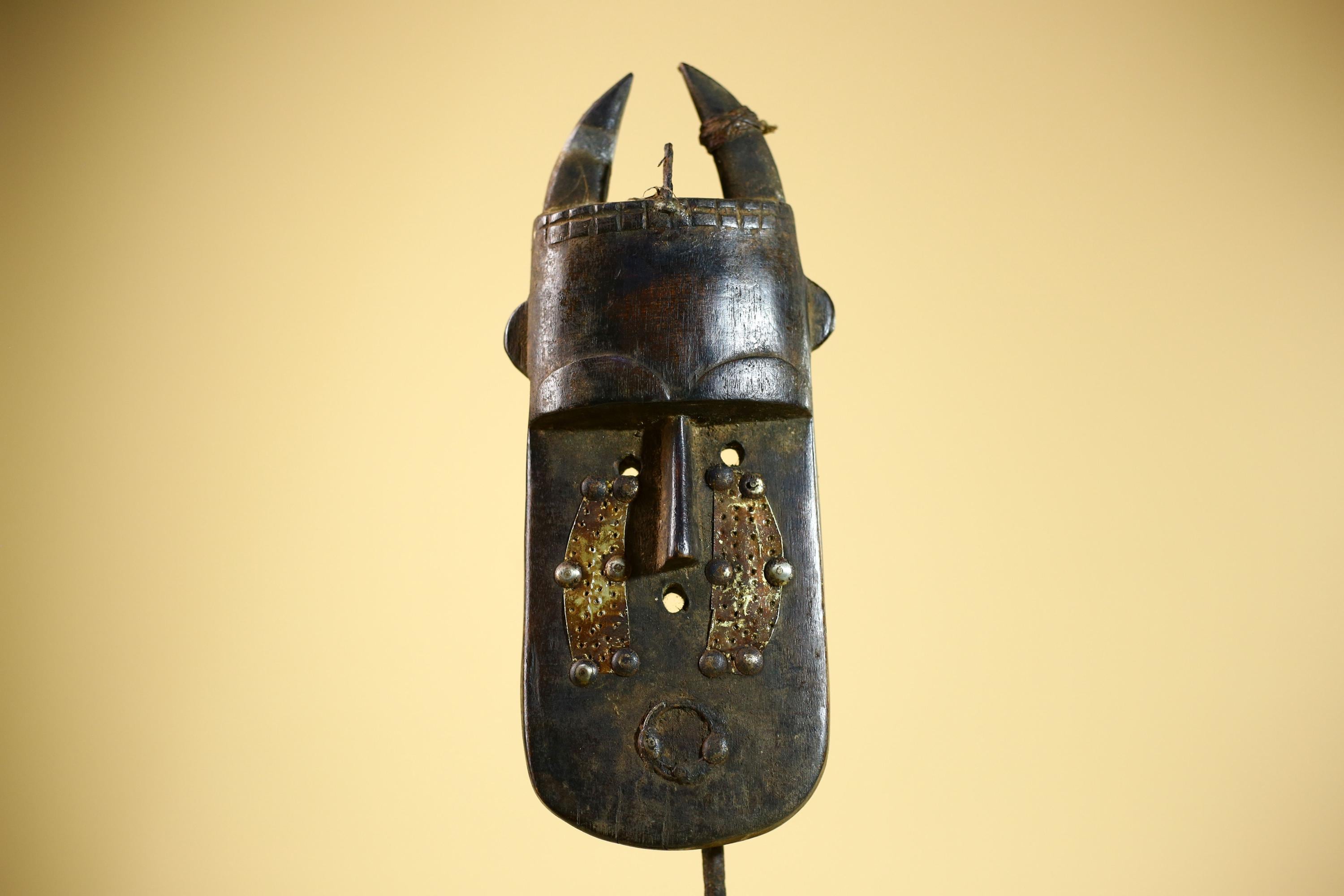 African Senufo Mask Carved Wood Horned Metal Studs Ivory Coast Tribal Art-G5839