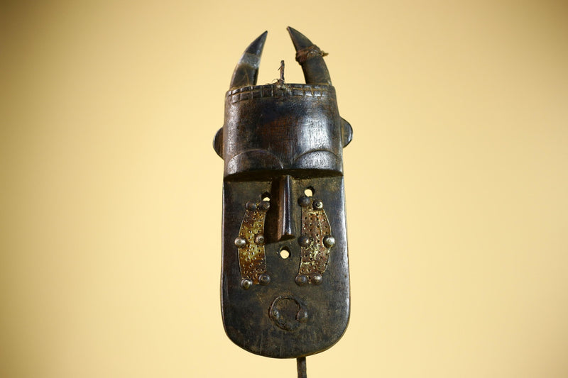 African Senufo Mask Carved Wood Horned Metal Studs Ivory Coast Tribal Art-G5839