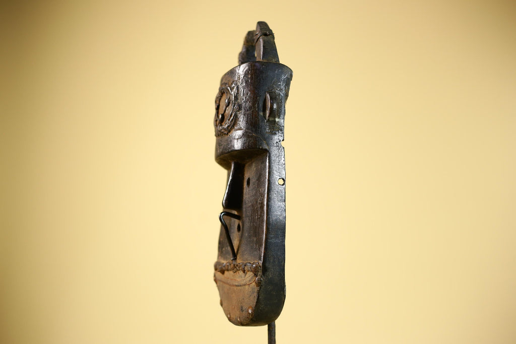 African Senufo Mask Carved Wood Horned Metal Studs Ivory Coast Tribal Art-G5840
