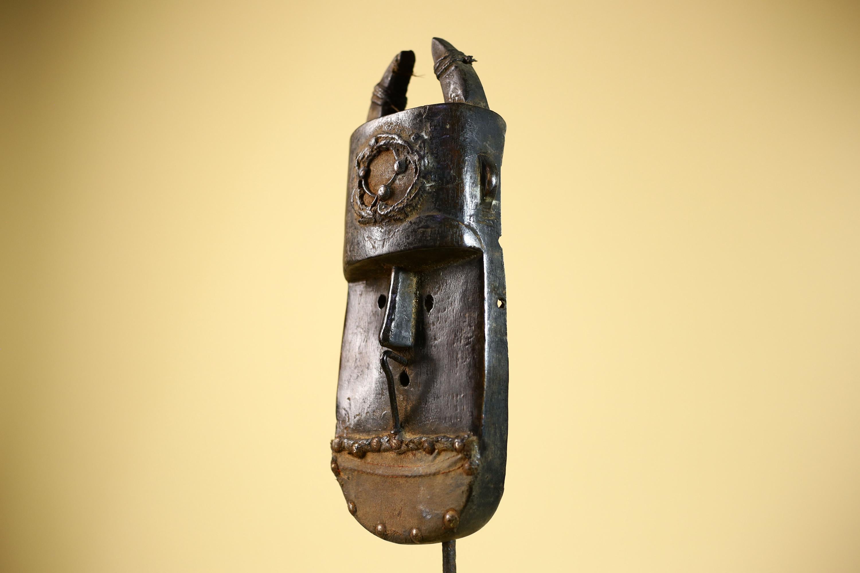 African Senufo Mask Carved Wood Horned Metal Studs Ivory Coast Tribal Art-G5840