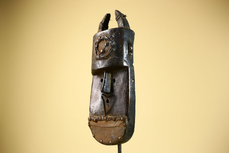 African Senufo Mask Carved Wood Horned Metal Studs Ivory Coast Tribal Art-G5840