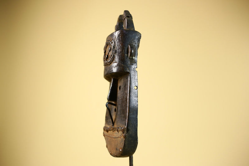 African Senufo Mask Carved Wood Horned Metal Studs Ivory Coast Tribal Art-G5840