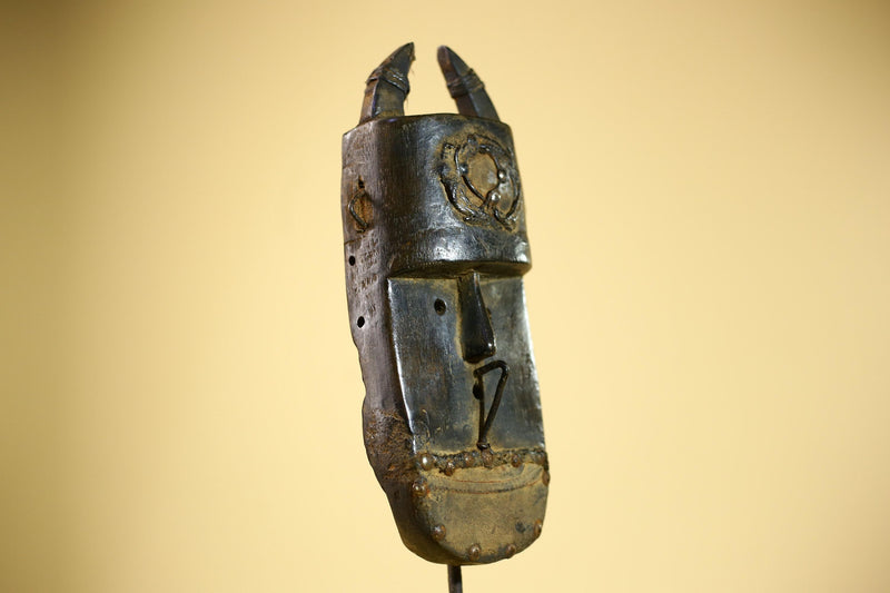 African Senufo Mask Carved Wood Horned Metal Studs Ivory Coast Tribal Art-G5840