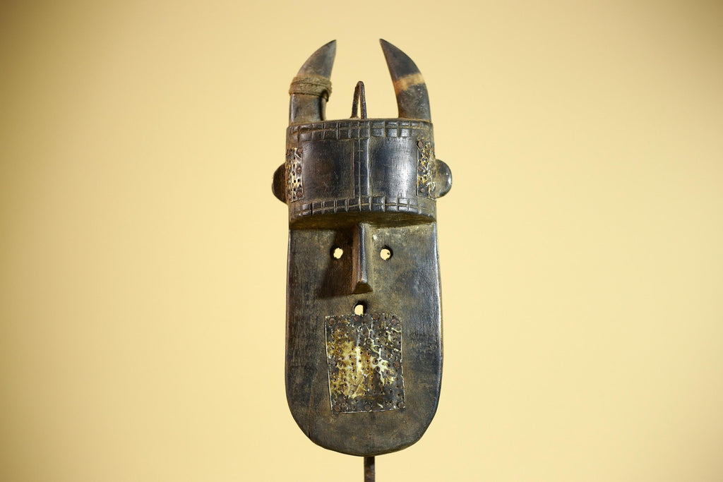 African Toma Mask Carved Wood Metal Inlay Guinea Tribal Art Wall Decor-G5880