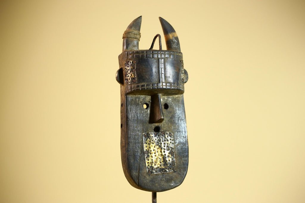 African Toma Mask Carved Wood Metal Inlay Guinea Tribal Art Wall Decor-G5880