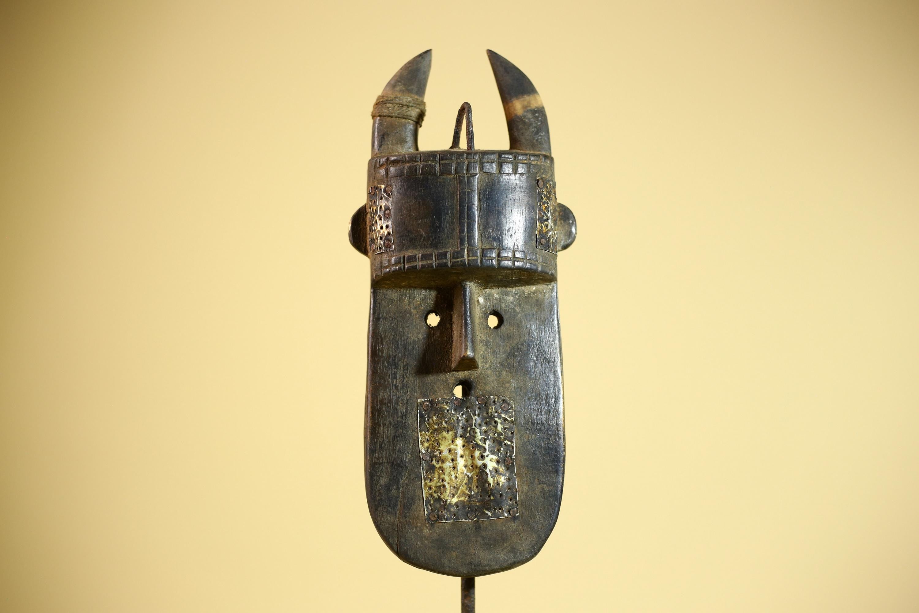 African Toma Mask Carved Wood Metal Inlay Guinea Tribal Art Wall Decor-G5880