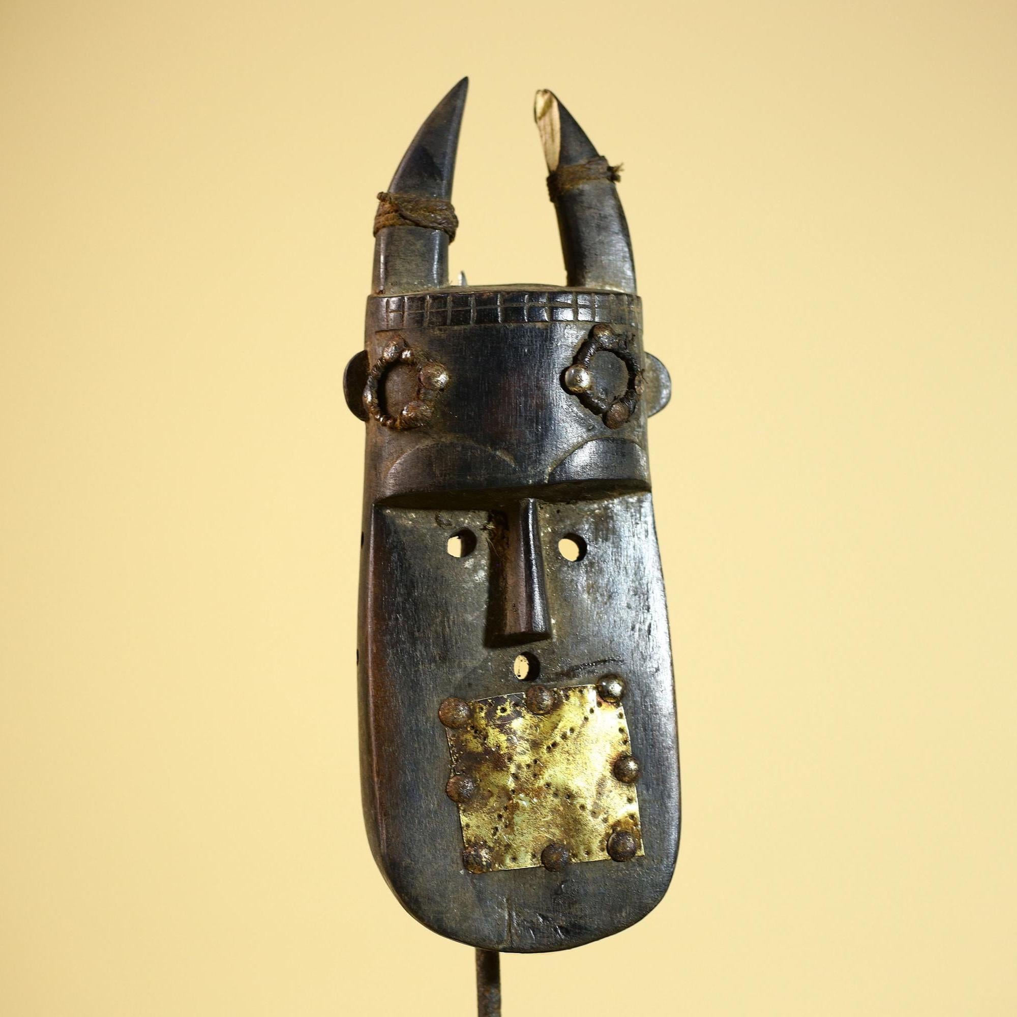 African Toma Mask Carved Wood Metal Inlay Guinea Tribal Art Wall Decor-G5881