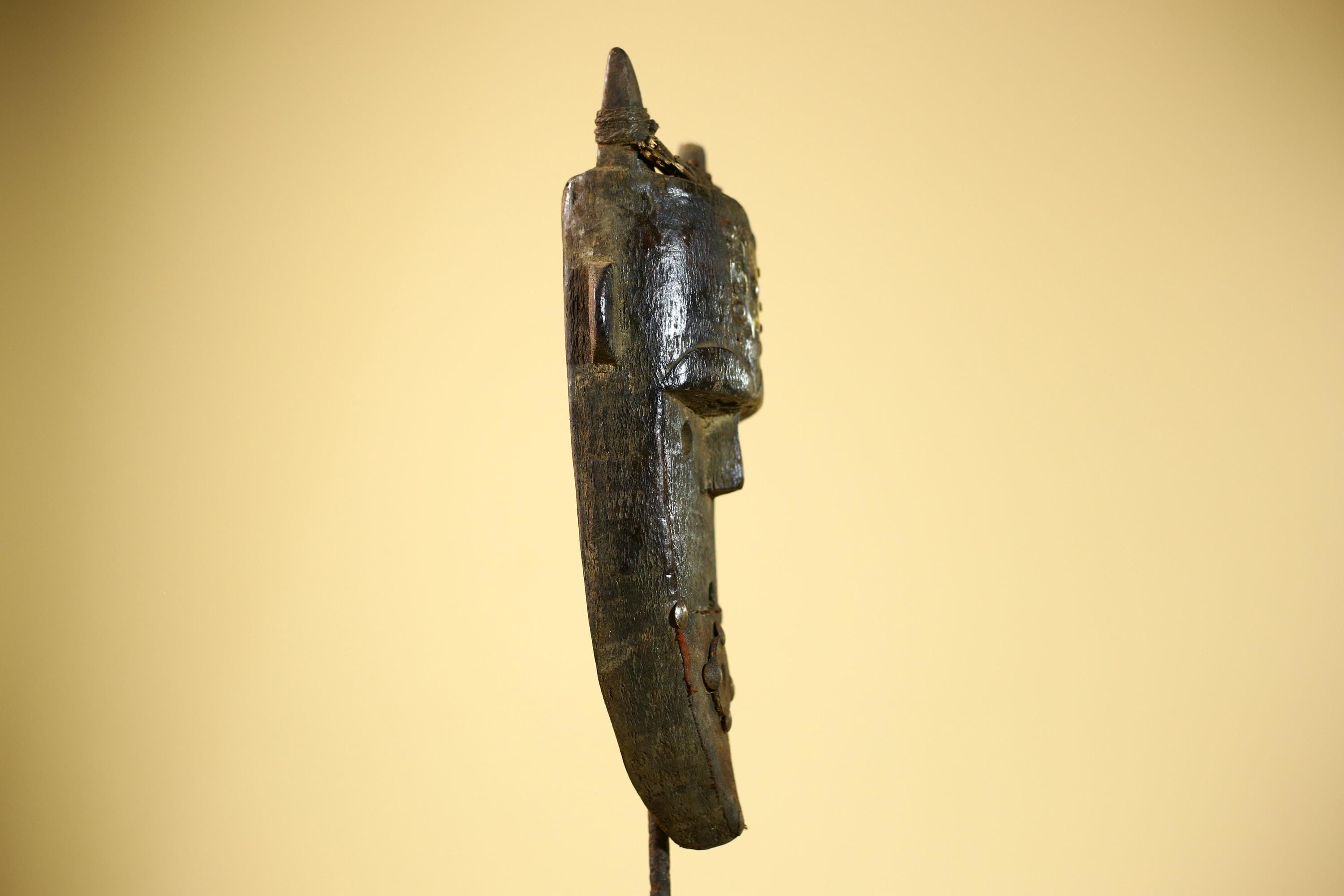 African Toma Mask Carved Wood Horn Crest Metal Detail Guinea Tribal Art Decor-G5842