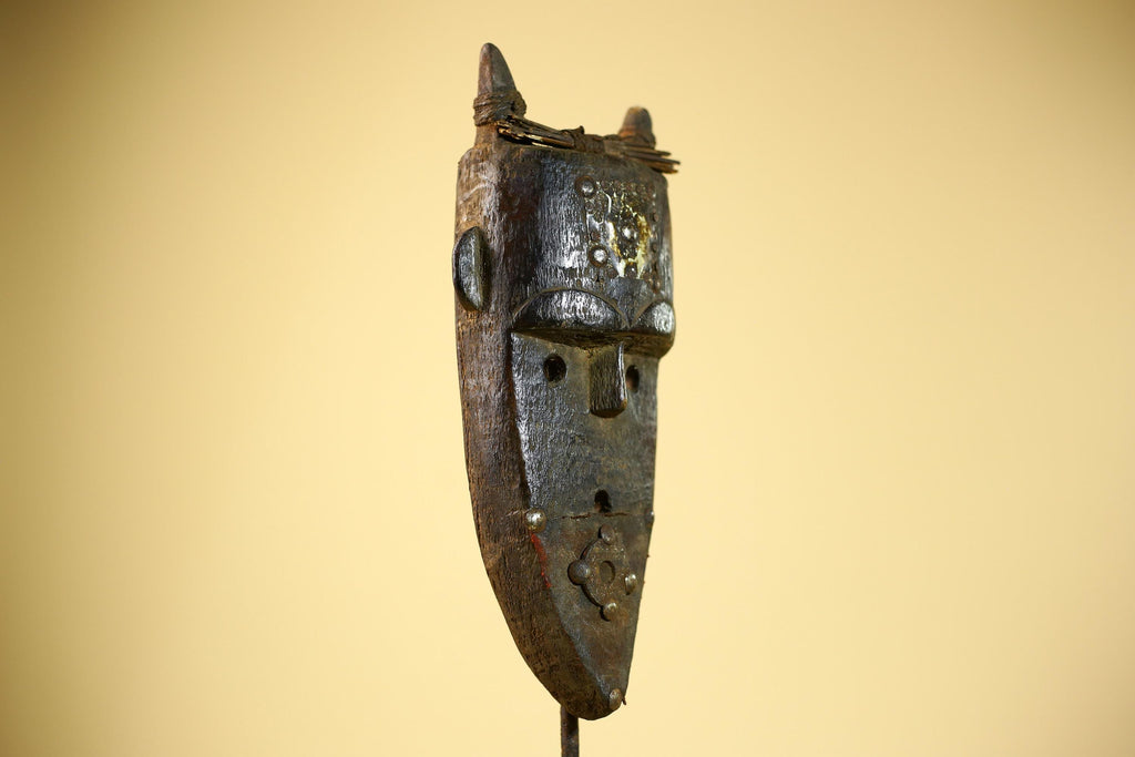 African Toma Mask Carved Wood Horn Crest Metal Detail Guinea Tribal Art Decor-G5842