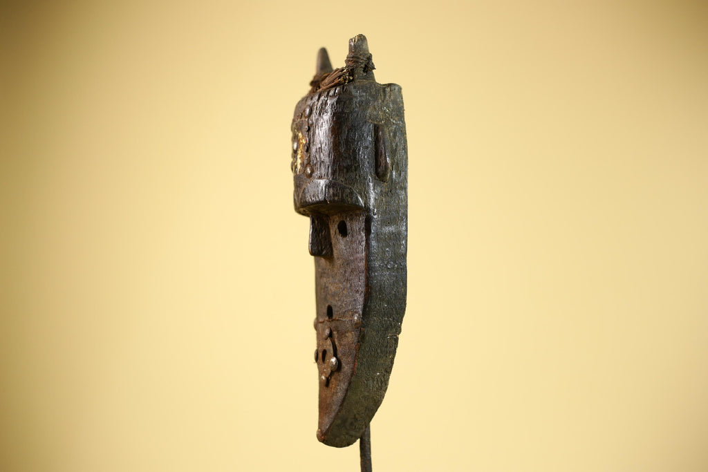 African Toma Mask Carved Wood Horn Crest Metal Detail Guinea Tribal Art Decor-G5842