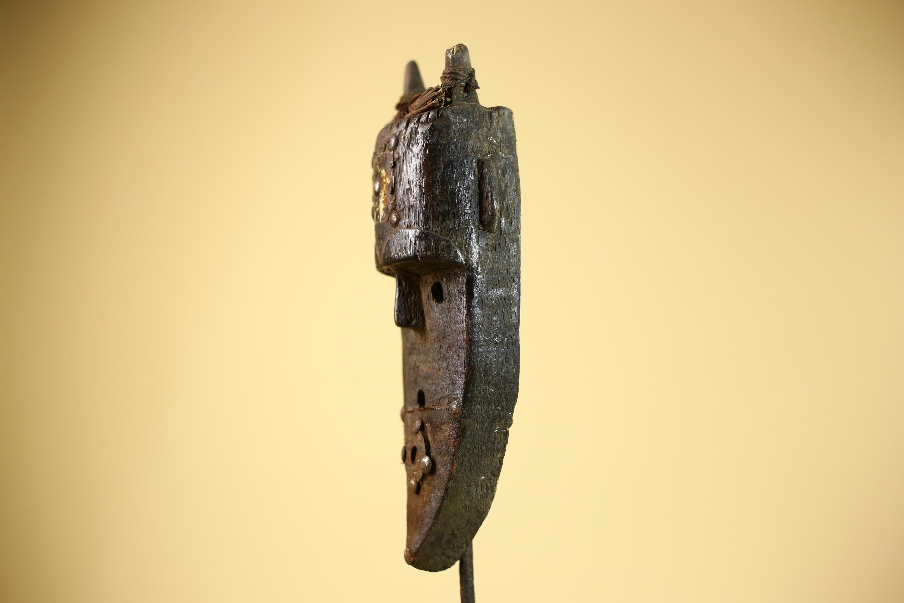 African Toma Mask Carved Wood Horn Crest Metal Detail Guinea Tribal Art Decor-G5842