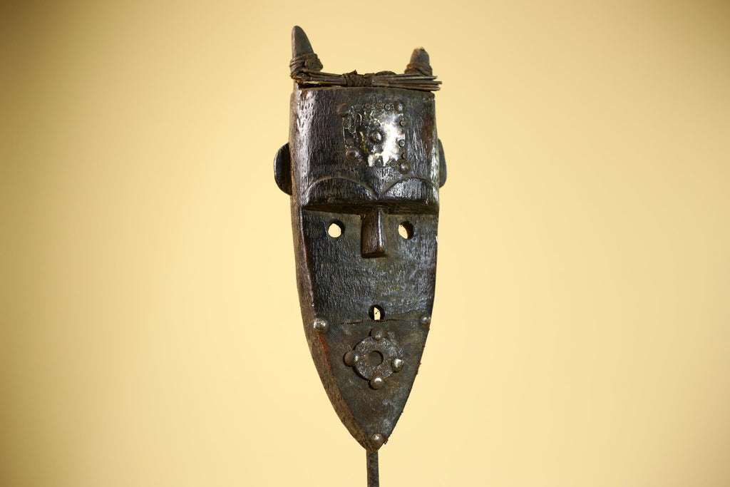African Toma Mask Carved Wood Horn Crest Metal Detail Guinea Tribal Art Decor-G5842