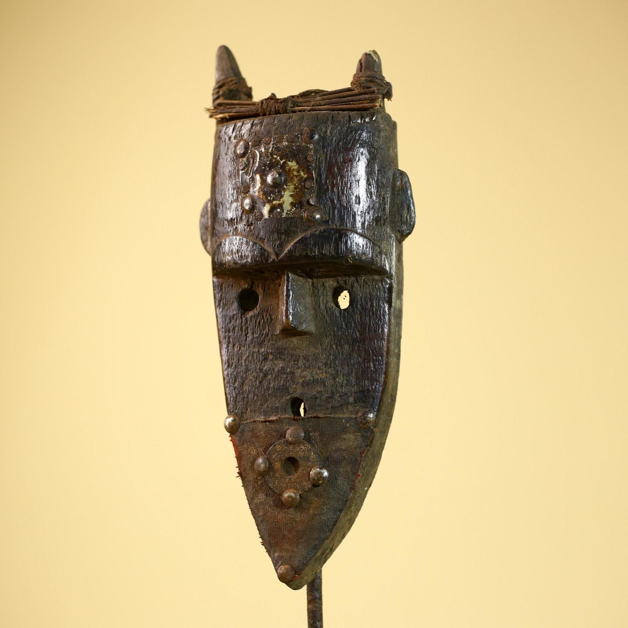 African Toma Mask Carved Wood Horn Crest Metal Detail Guinea Tribal Art Decor-G5842