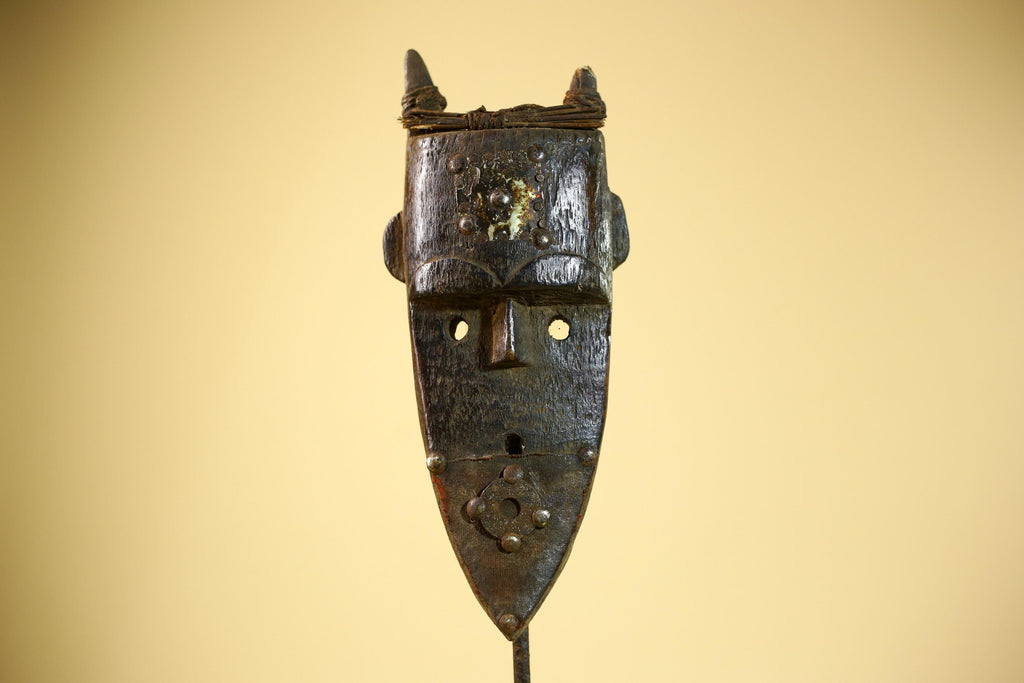 African Toma Mask Carved Wood Horn Crest Metal Detail Guinea Tribal Art Decor-G5842