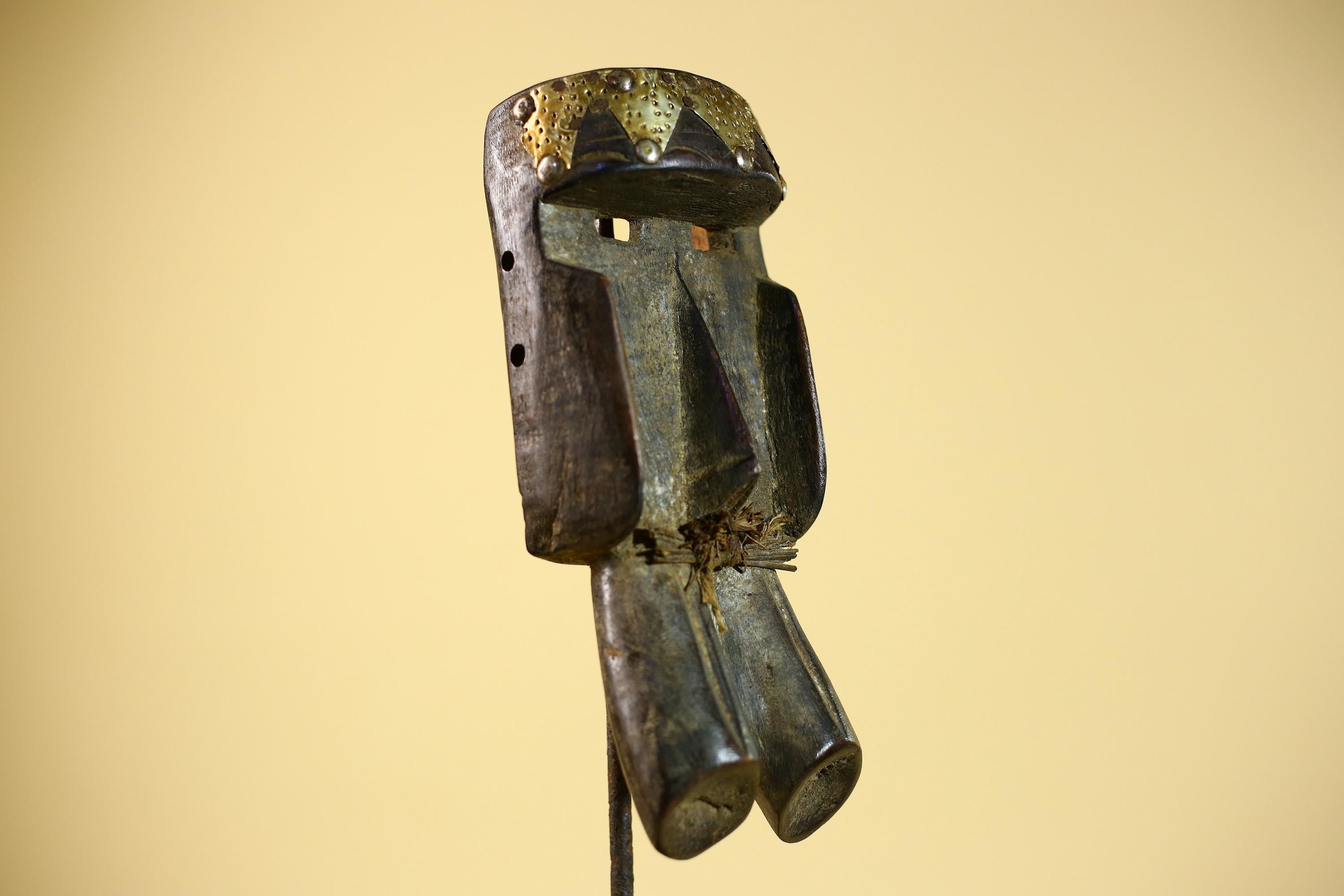 African Tribal Mask Brass Crown Carved Wood Dan Style Ivory Coast Art-G5854