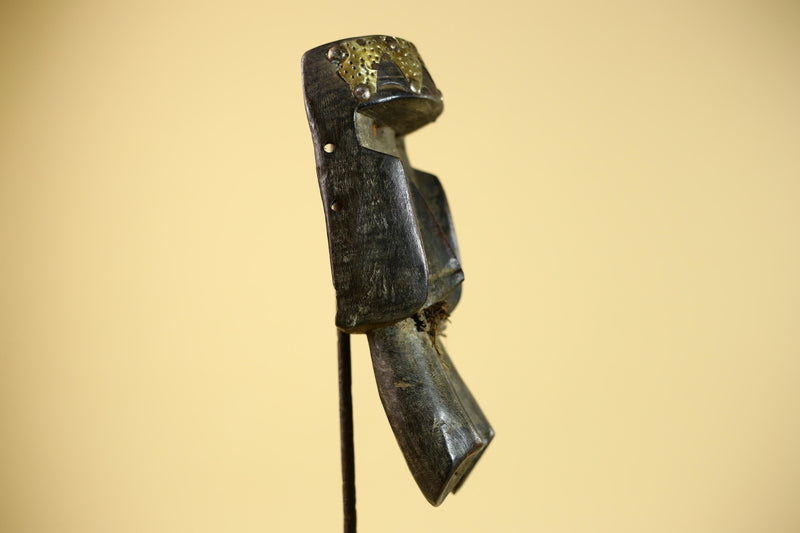 African Tribal Mask Brass Crown Carved Wood Dan Style Ivory Coast Art-G5854
