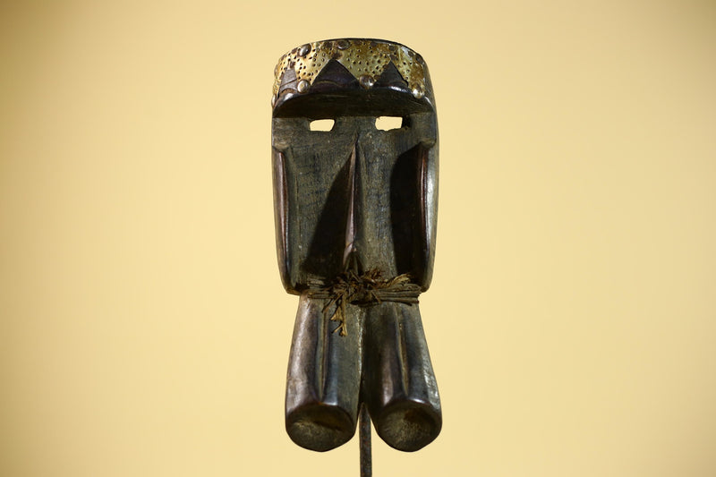 African Tribal Mask Brass Crown Carved Wood Dan Style Ivory Coast Art-G5854
