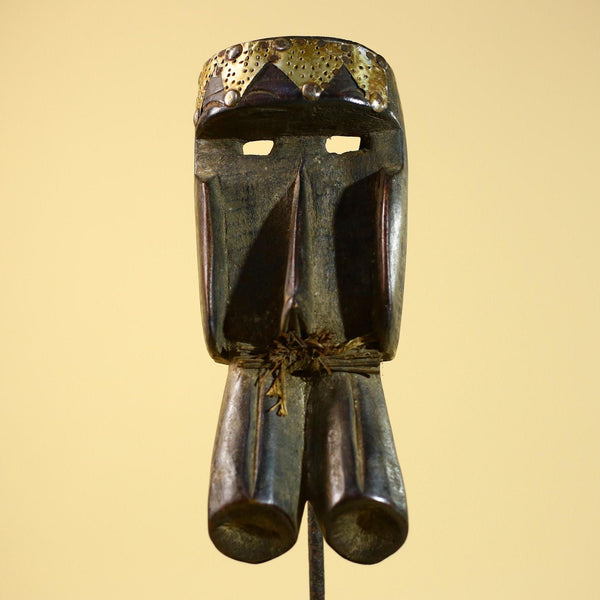 African Tribal Mask Brass Crown Carved Wood Dan Style Ivory Coast Art-G5854