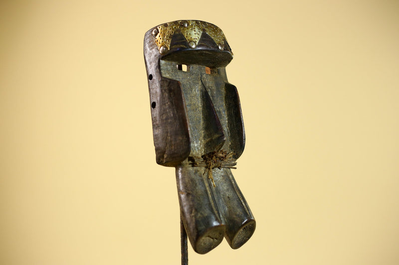 African Tribal Mask Brass Crown Carved Wood Dan Style Ivory Coast Art-G5854