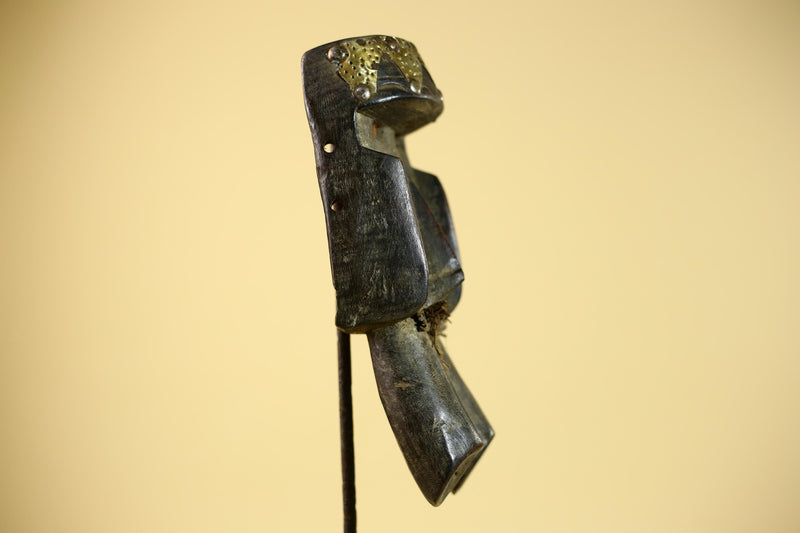 African Tribal Mask Brass Crown Carved Wood Dan Style Ivory Coast Art-G5854
