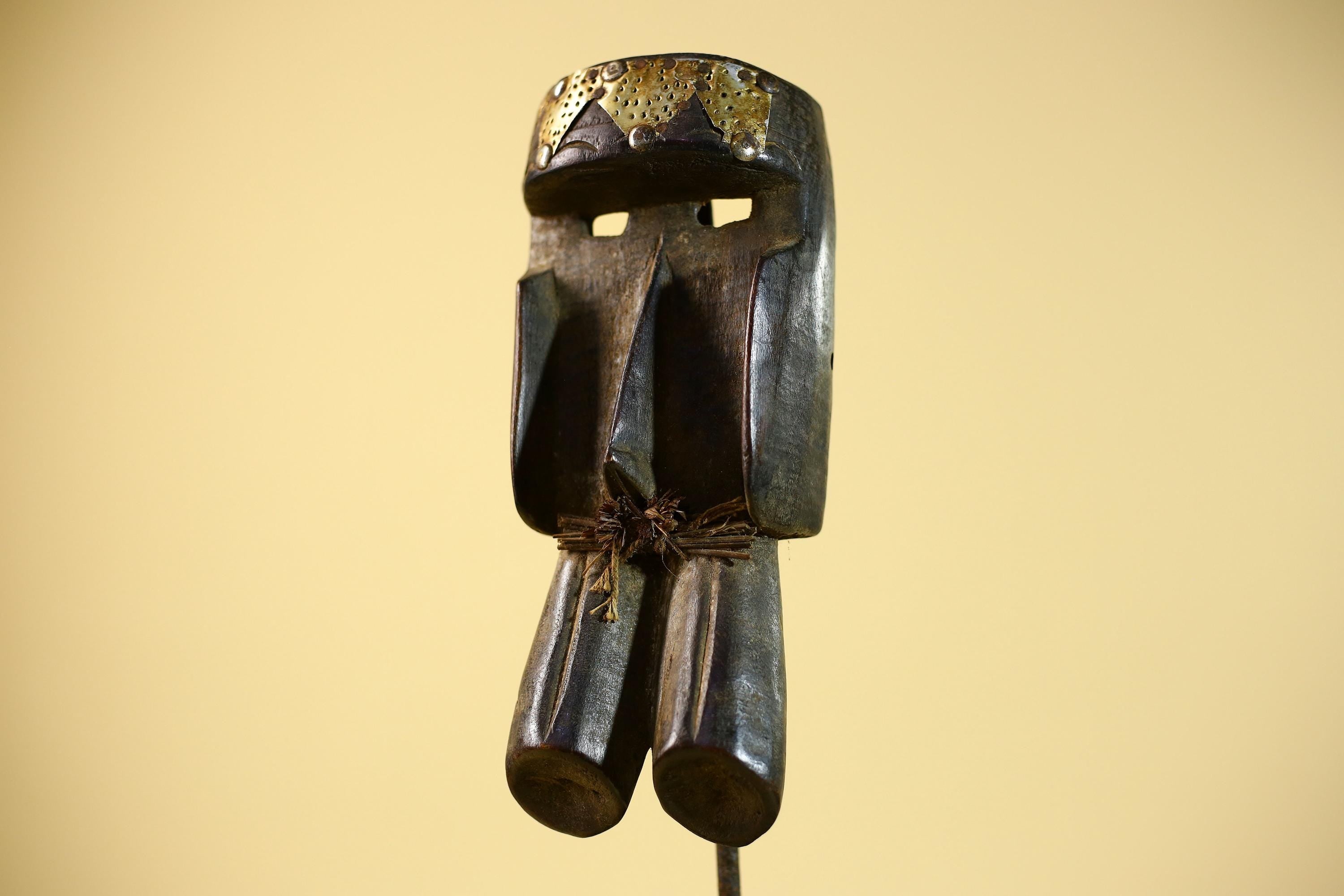 African Tribal Mask Brass Crown Carved Wood Dan Style Ivory Coast Art-G5854