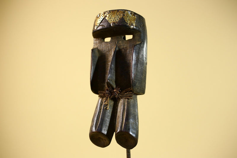 African Tribal Mask Brass Crown Carved Wood Dan Style Ivory Coast Art-G5854