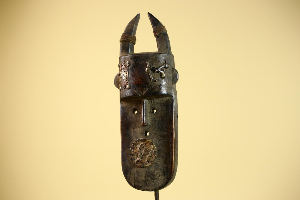 African Tribal Mask Toma Horned Wood Metal Detail Guinea Wall Art Decor-G5857