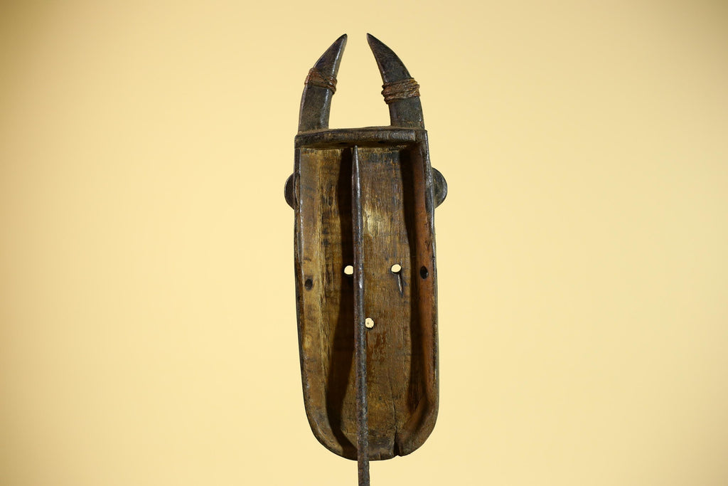 African Tribal Mask Toma Horned Wood Metal Detail Guinea Wall Art Decor-G5857