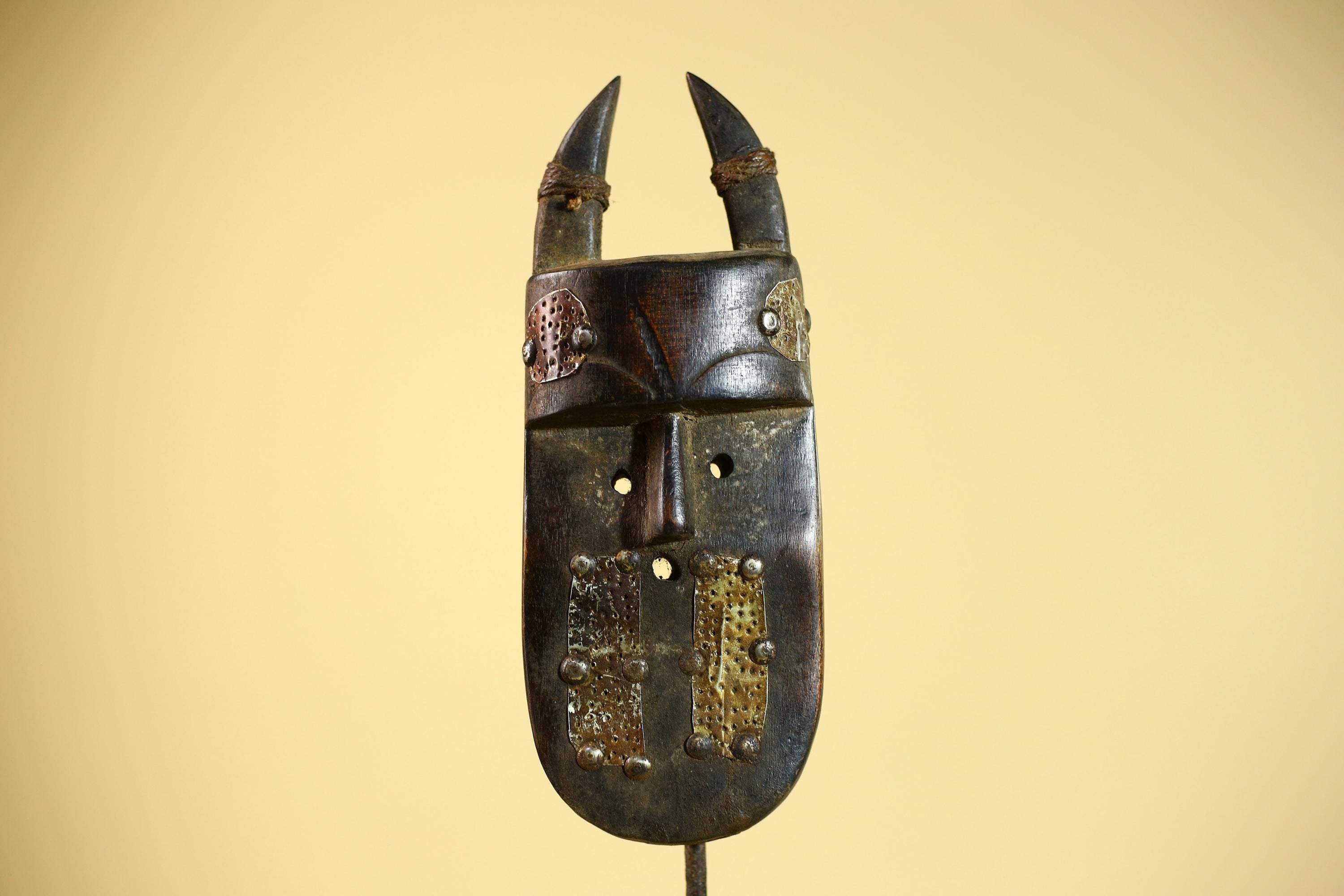 African Tribal Mask Toma Wood Metal Inlay Horned Guinea Wall Art Decor-G5858