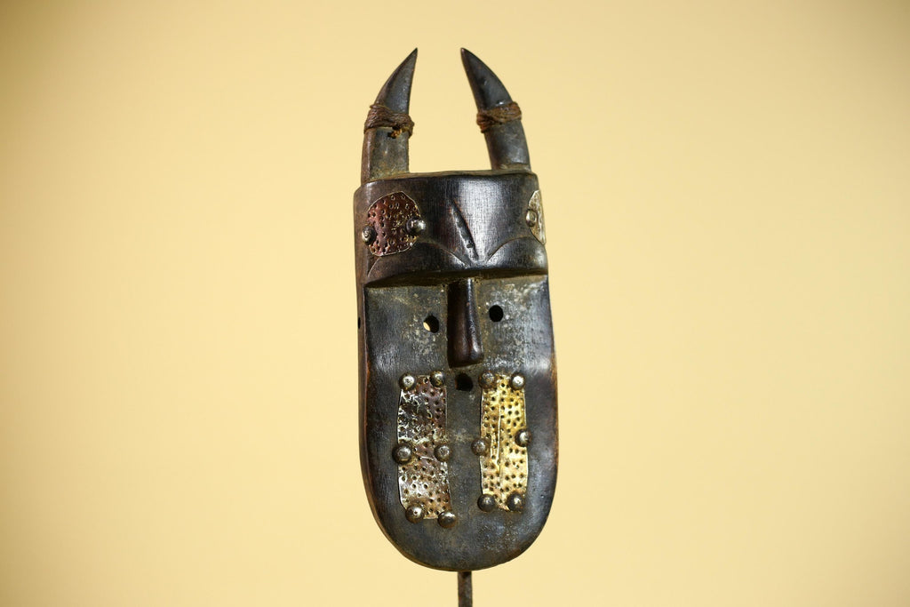 African Tribal Mask Toma Wood Metal Inlay Horned Guinea Wall Art Decor-G5858