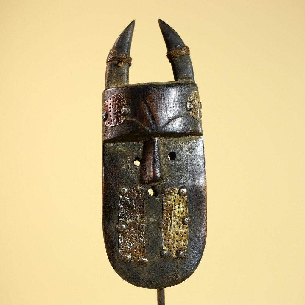 African Tribal Mask Toma Wood Metal Inlay Horned Guinea Wall Art Decor-G5858