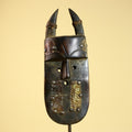 African Tribal Mask Toma Wood Metal Inlay Horned Guinea Wall Art Decor-G5858