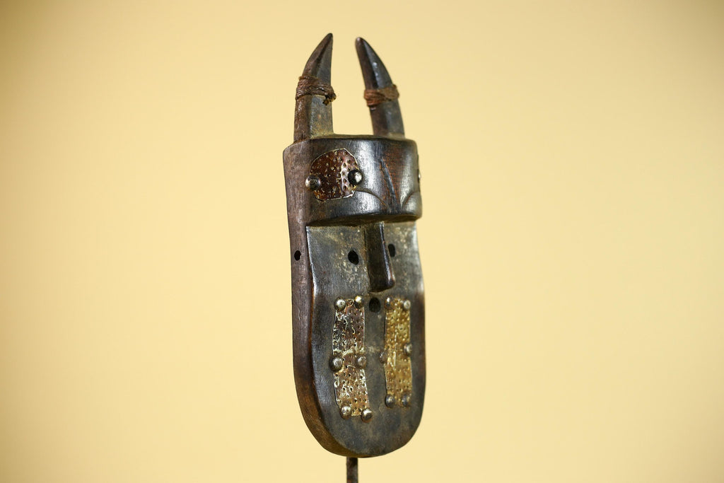 African Tribal Mask Toma Wood Metal Inlay Horned Guinea Wall Art Decor-G5858