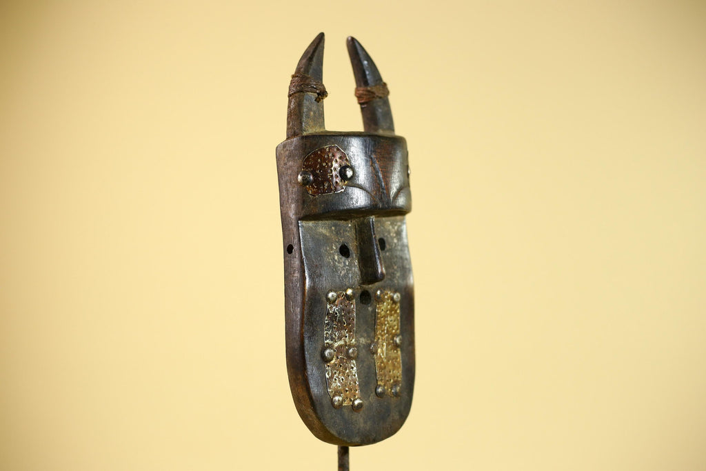 African Tribal Mask Toma Wood Metal Inlay Horned Guinea Wall Art Decor-G5858