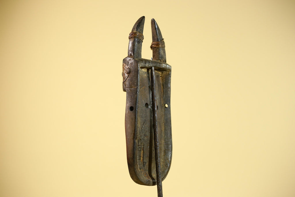 African Tribal Mask Toma Wood Metal Inlay Horned Guinea Wall Art Decor-G5858