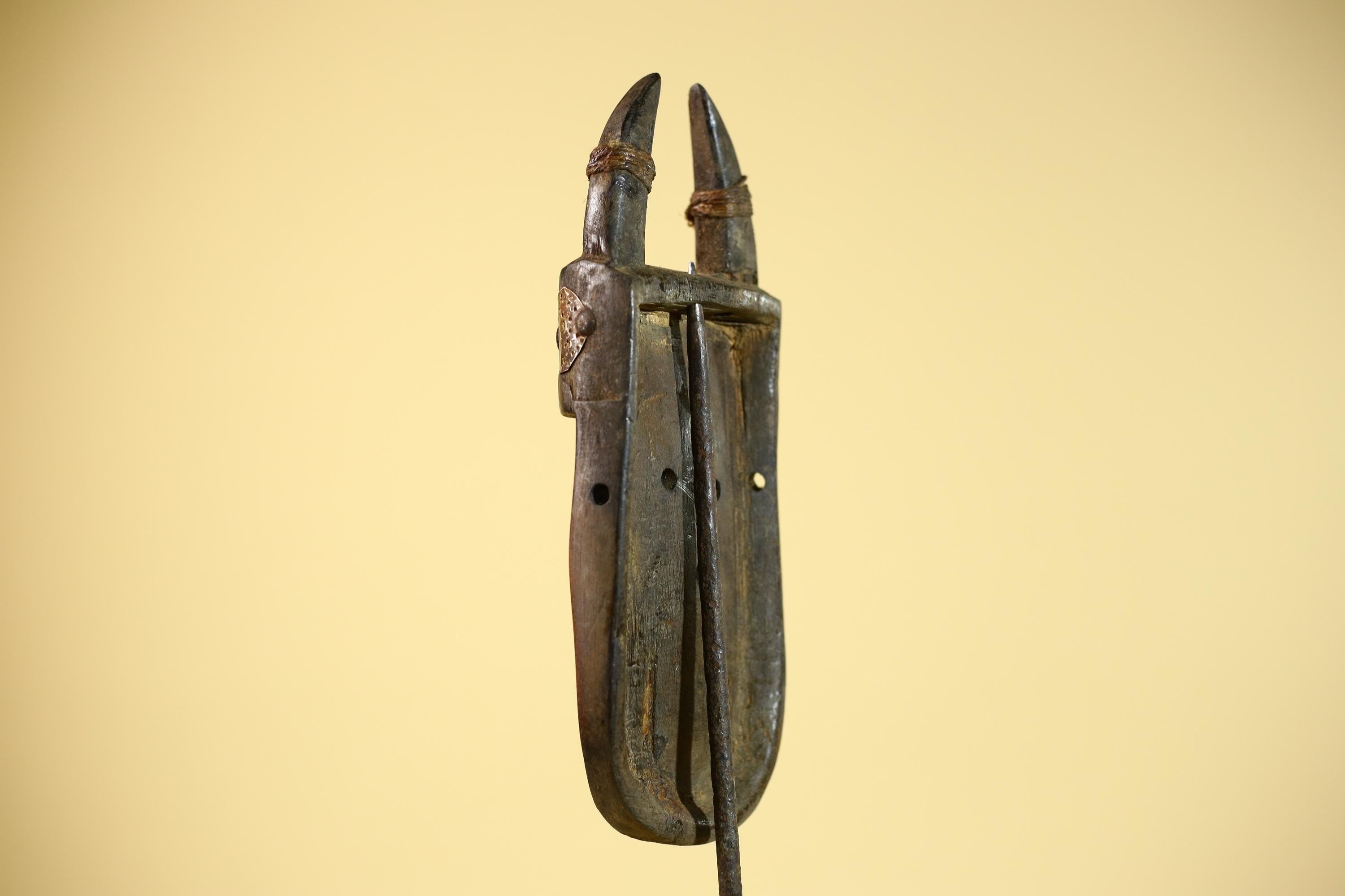 African Tribal Mask Toma Wood Metal Inlay Horned Guinea Wall Art Decor-G5858