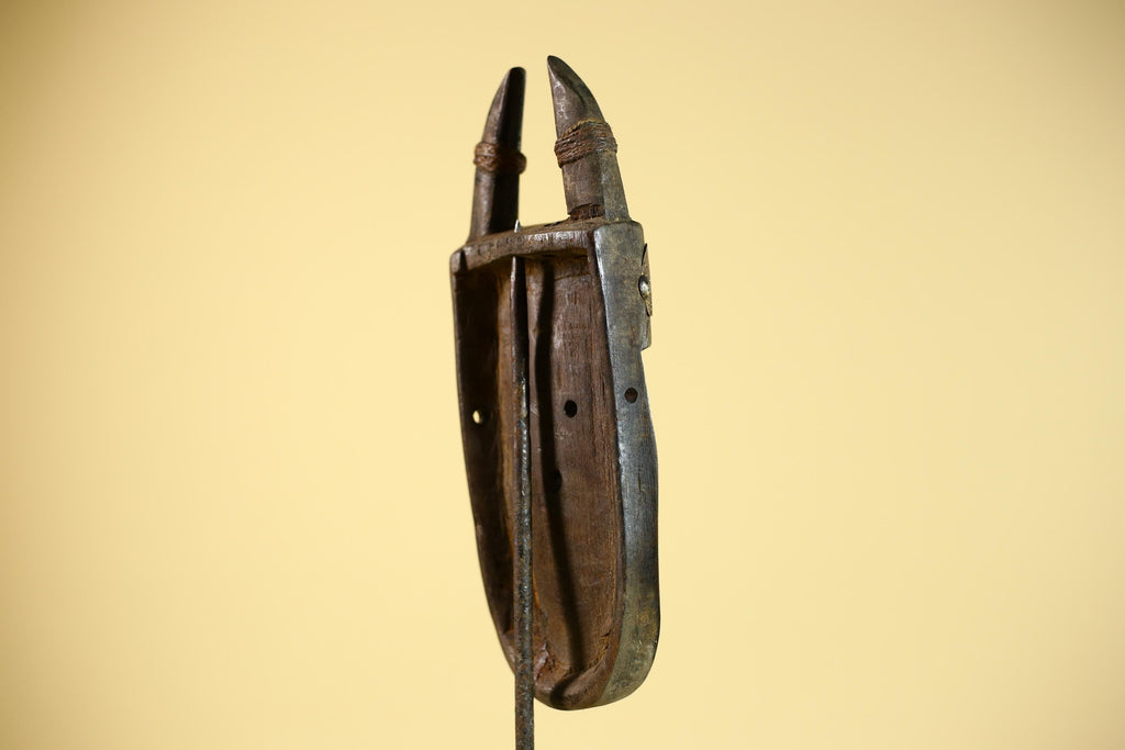 African Tribal Mask Toma Wood Metal Inlay Horned Guinea Wall Art Decor-G5858