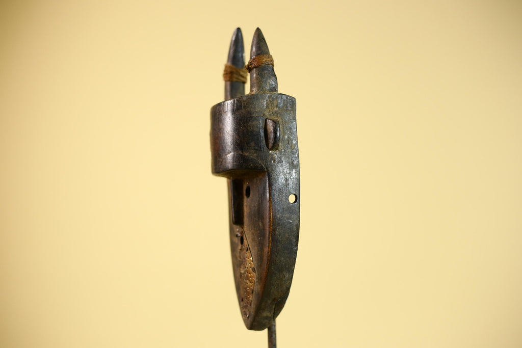 African Tribal Mask Toma Horned Wood Copper Inlay Guinea Ritual Art Decor-G5859