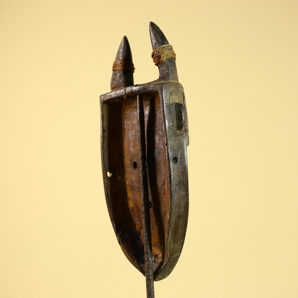 African Tribal Mask Toma Horned Wood Copper Inlay Guinea Ritual Art Decor-G5859