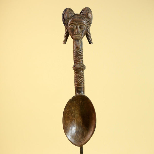 African Baule Spoon Tribal Wood Carving Female Head Côte d’Ivoire Decor-G5861