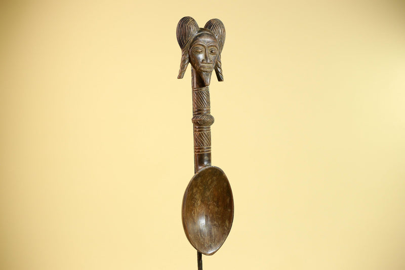 African Baule Spoon Tribal Wood Carving Female Head Côte d’Ivoire Decor-G5861