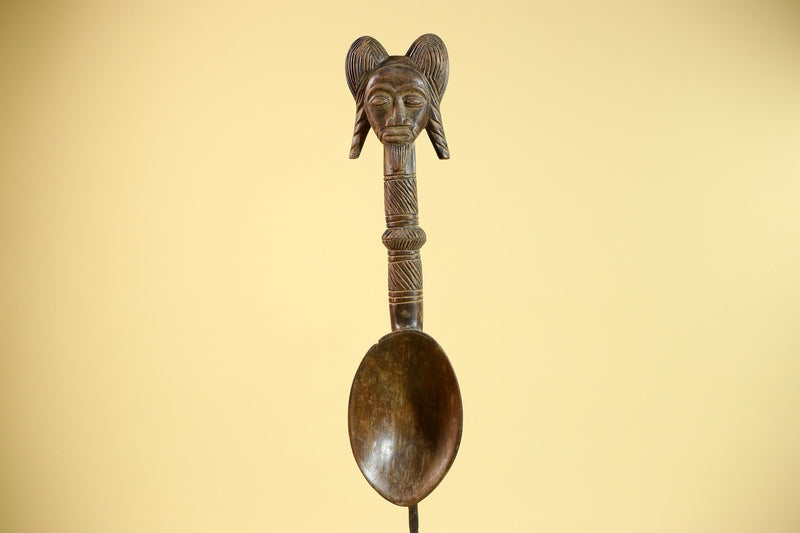 African Baule Spoon Tribal Wood Carving Female Head Côte d’Ivoire Decor-G5861